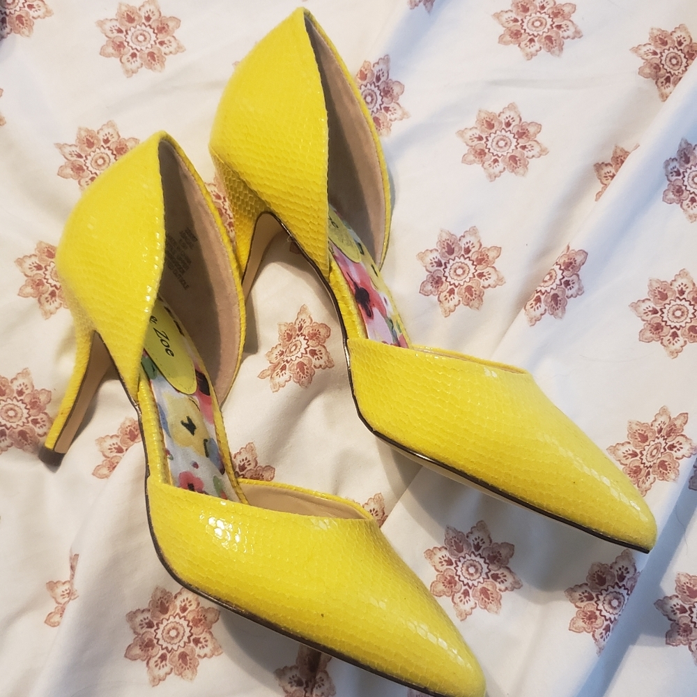 Yellow snakeskin Eva and Zoe pumps